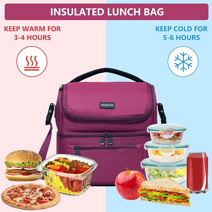 VASCHY Lunch Bag, Insulated Lunch Box Leak-proof Cooler Bag in Dual Compartment Lunch Tote for Men, Women, 14 Cans (Burgundy)