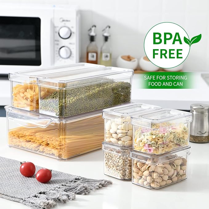 10-Pack Clear Fridge Organizer Bins with Lids, Stackable Refrigerator Storage Containers, BPA-Free with Drain Tray & Anti-Slip Base for Fruits, Veggies, Drinks