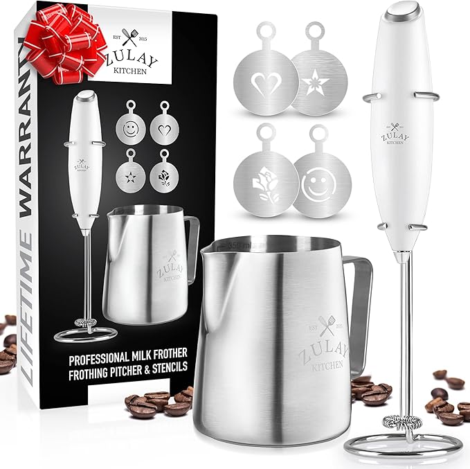 Zulay Kitchen Premium Gift Milk Frother Complete Set - Handheld Foam Maker, Stencils & Frother Set - Whisk Drink Mixer for Coffee - Mini Blender for Cappuccino, Frappe