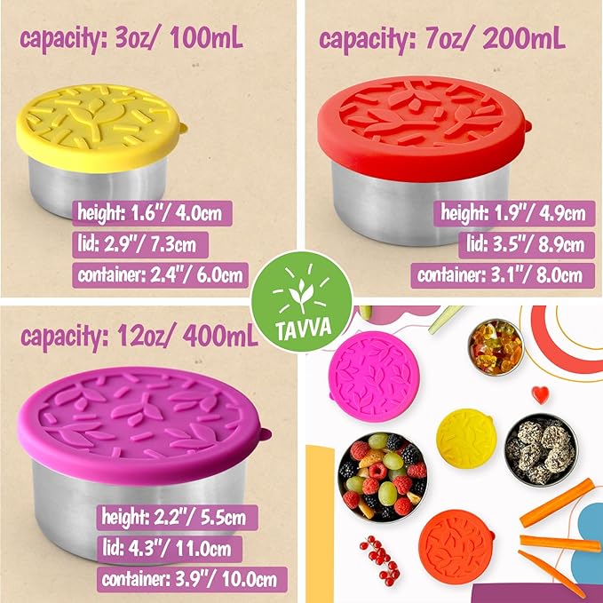 TAVVA Stainless Steel Snack Containers for Kids [12oz/ 7oz/ 3oz] - Leakproof with Silicone Lids - Lunch Box for Kids - Metal Lunchbox for School, Office, Home Food Storage - Dishwasher & Freezer Safe