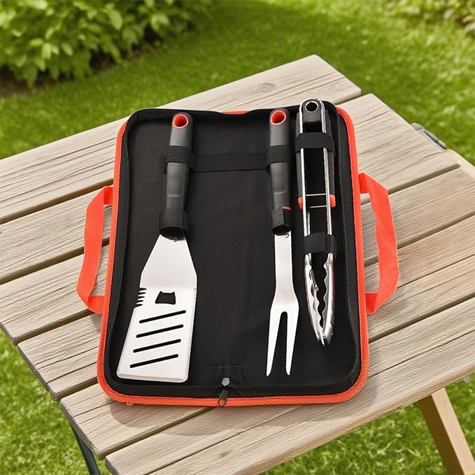 BBQ Tools Set, Heavy Duty Stainless Steel Spatula, Fork & Tongs with Portable Bag, Essential Accessories for Barbecue Outdoor Grill, Grilling Gifts for Men Dad Camp Chef