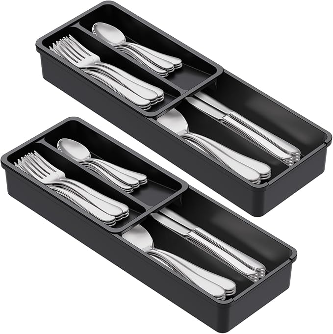 Lifewit Compact Silverware Organizer for Kitchen Drawer, Narrow Flatware Tray Holder, Plastic Cutlery Spoons, Forks and Knives Storage, Black, 2 Pack
