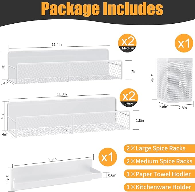 Magnetic Spice Rack for Refrigerator, 6 Pack 100% Metal Strong Magnet Shelf, Space Saving Spice Organizer, Home Kitchen Laundry Room Storage Organization W/ Paper Towel Holder, Utensils Racks (White)