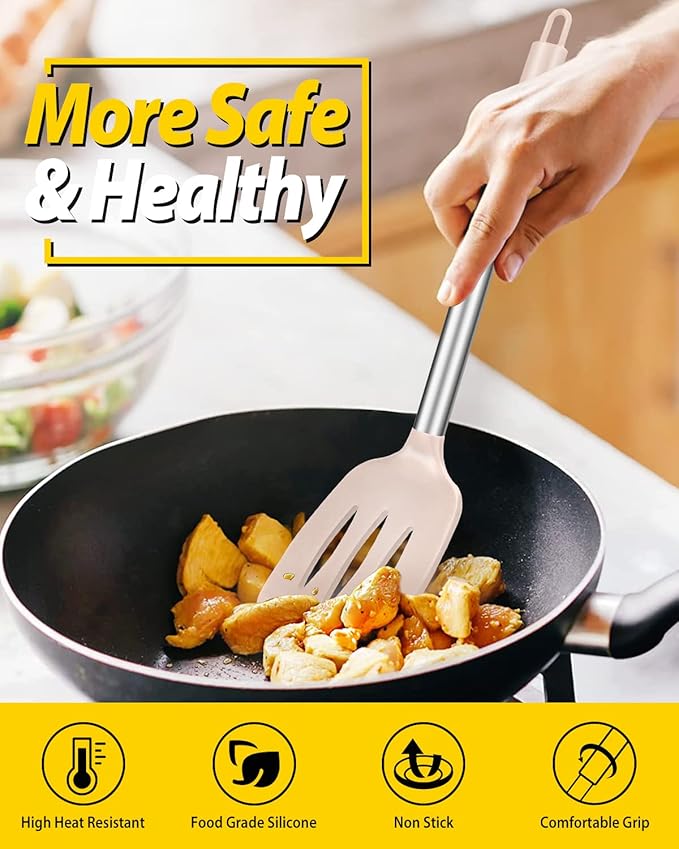 Pack of 2 Silicone Solid Turner, Non Stick Slotted Kitchen Spatulas, High Heat Resistant BPA Free Cooking Utensils, Ideal Cookware for Fish, Eggs, Pancakes(Stainless Steel Khaki)