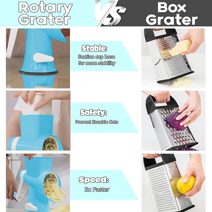 Cheese Grater MultiFunction Rotary Cheese Grater Hand Crank – Cheese Shredder Effortlessly Shred,Slice,Chop.Applicable to Cheese, Vegetables,Fruits,Nuts,Non-Slip Suction Base,Easy to Clean (blue)