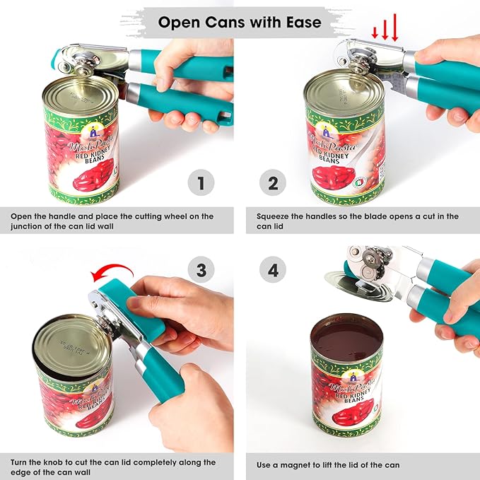 Beneno Heavy Duty Hand Can Opener Manual with Magnet, Durable Sharp Carbon Steel Blade Smooth Cutting, Big Effort-Saving Knob & Soft Grip Handle, Multifunctional Bottle Opener, Turquoise