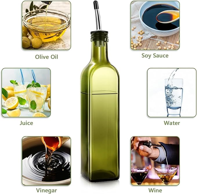2 Pcs Green Glass Olive Oil Dispenser and Vinegar Dispenser Set with 2 Stainless Steel Pourers, 4 Labels, 1 Brush, 1 Funnel (500ml) for Kitchen, Cooking, Salad Dressing, Barbecue, Mixing