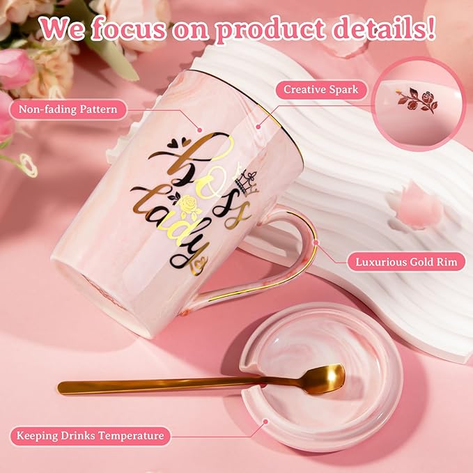 Biching Boss Lady Gifts for Women - Unique Birthday Gift for Women, Friend, Coworkers, Colleagues, Boss Female - Appreciation Mothers Day Gifts - 14Oz Marble Ceramic Coffee Mug Pink