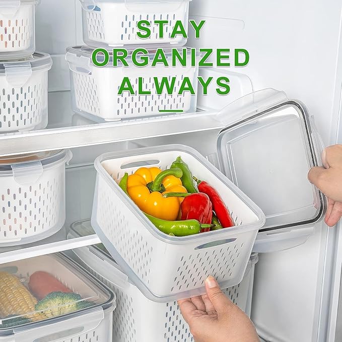 Freshmage Fruit Storage Containers for Fridge with Removable Colander, Airtight Food Storage Container, Dishwasher Safe Produce Saver for Refrigerator, Keep Berry Fruit Fresh Longer 4 pcs Small Clear