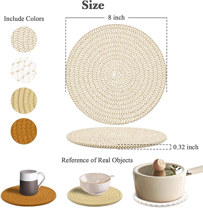 Trivets for Hot Dishes, 4 Pot Holders for Kitchen, Heat Resistant Mats for Countertop, 8 Inch Hot Pads for Hot Pots and Pans, Coaster, Home Essentials, Rustic Farmhouse Decor (Brown)