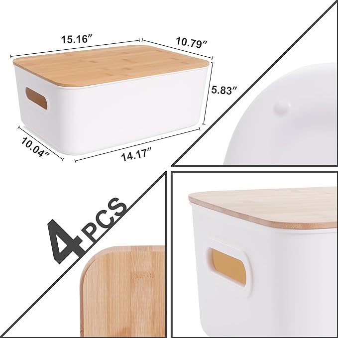 Citylife 4 PCS Storage Bins with Lids Plastic Storage Containers for Organizing Stackable Storage Box with Handle, 15.16 x 10.79 x 5.83 inch (White, 4 PCS-Large)