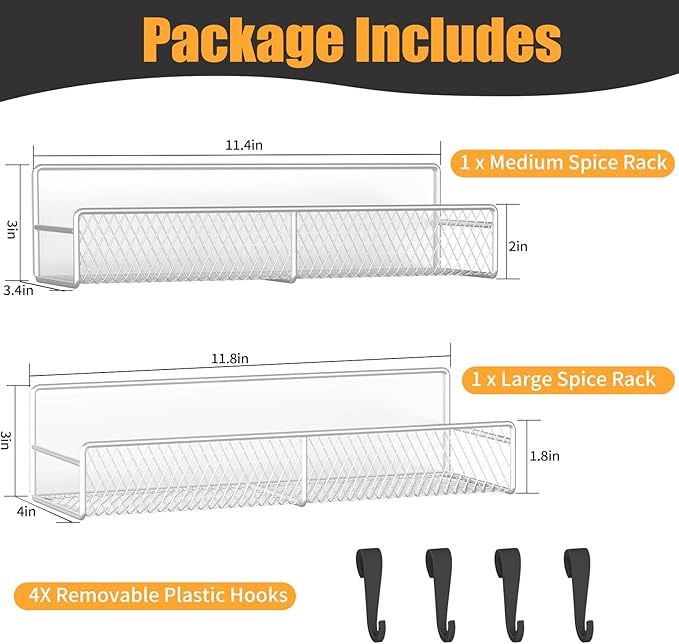 Magnetic Spice Rack for Refrigerator, 2 Pack 100% Metal Strong Magnet Shelf, Space Saving Spice Organizer W/ Hooks, Movable Magnetic Fridge Shelf, Kitchen Home Laundry Room Storage Organization, White