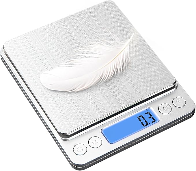 Small Digital Food Scale Ounce/OZ and Gram Scale, Kitchen Scale 3000g/0.1g High Precision for Baking, Soap Making, Jewelry, Includes 2 Trays and Batteries, 9 Units, Tare Function, Easy to Store