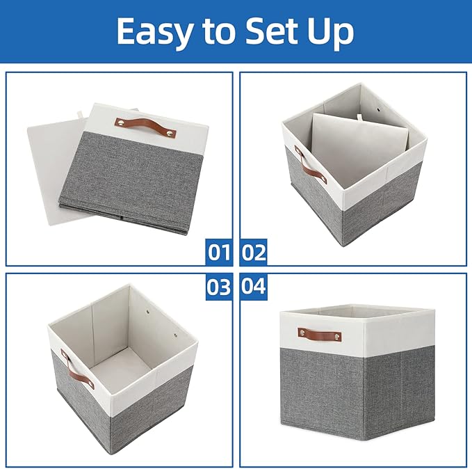 Temary Storage Cubes 12ﾗ12 Fabric Cube Storage Bins Foldable Storage Baskets with Handles, Decorative Storage Boxes for Organizing, Home, Office, Nursery, Shelf, Closet (White & Grey, 12 x 12 x 12)