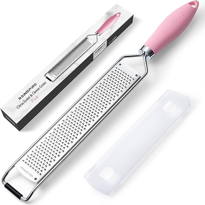 Rainspire Zester Grater with Handle, Lemon Zester Cheese Grater for Kitchen Stainless Steel, Parmesan Cheese Garlic Nutmeg Chocolate Fruits Vegetables Ginger Grater, Fine (Pink)