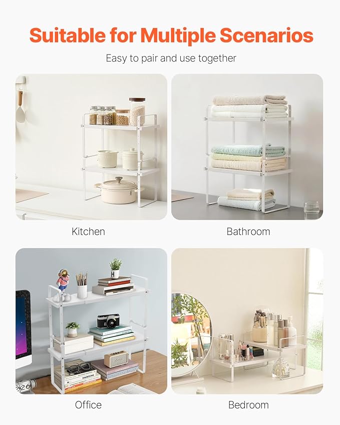 VEVOR Adjustable Kitchen Cabinet Shelf Organizer, Expandable 2 Tier Cabinet Shelf, Stackable Countertop Organizers and Storage Risers, Pantry for Kitchen Bathroom Office, White