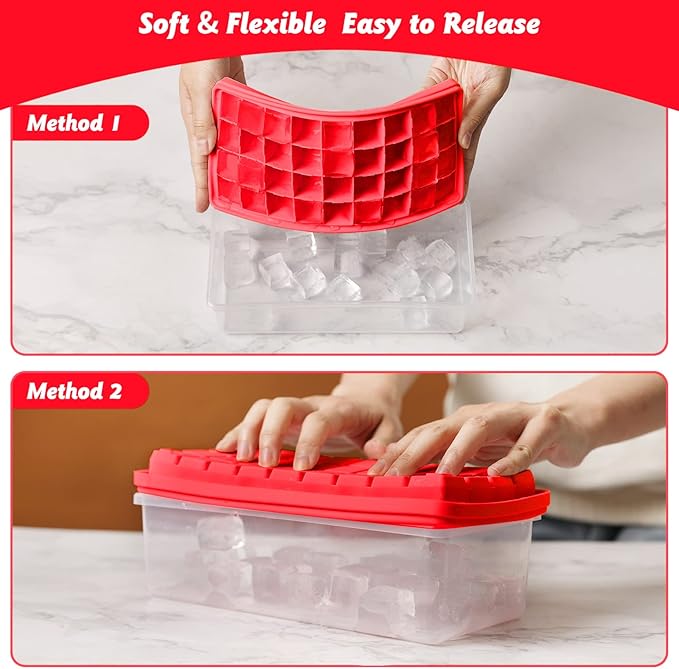 Silicone Ice Cube Tray with Leak-Proof Lid & Storage Bin for Freezer – BPA-Free 36-Piece Nugget Ice Molds, Spill-Resistant Cover & Ice Scoop Container Cover