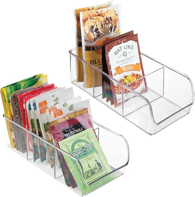 mDesign Plastic Food Storage Bin Organizer with 3 Compartments for Kitchen Cabinet, Pantry, Shelf, Drawer, Fridge, Freezer Organization - Holds Snack Bars - Ligne Collection - 2 Pack - Clear