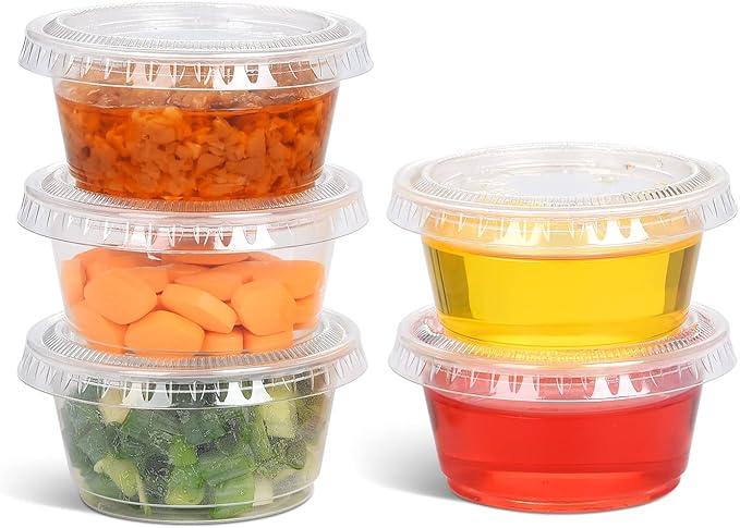 EDI - Clear Disposable Plastic Portion Cups with Leakproof Lids - Jello Shot, Condiment and Dipping Sauce, Souffle - BPA Free, Recyclable (2 OZ, 50 Sets)