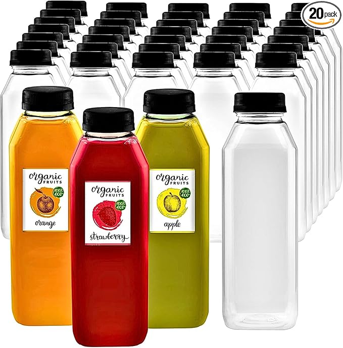 Green Direct 16 oz Clear Plastic Reusable Juice Bottles with Caps | Empty Water Bottles for Juicing, Smoothies, Shakes | BPA-Free, Durable & Leakproof | Pack of 20
