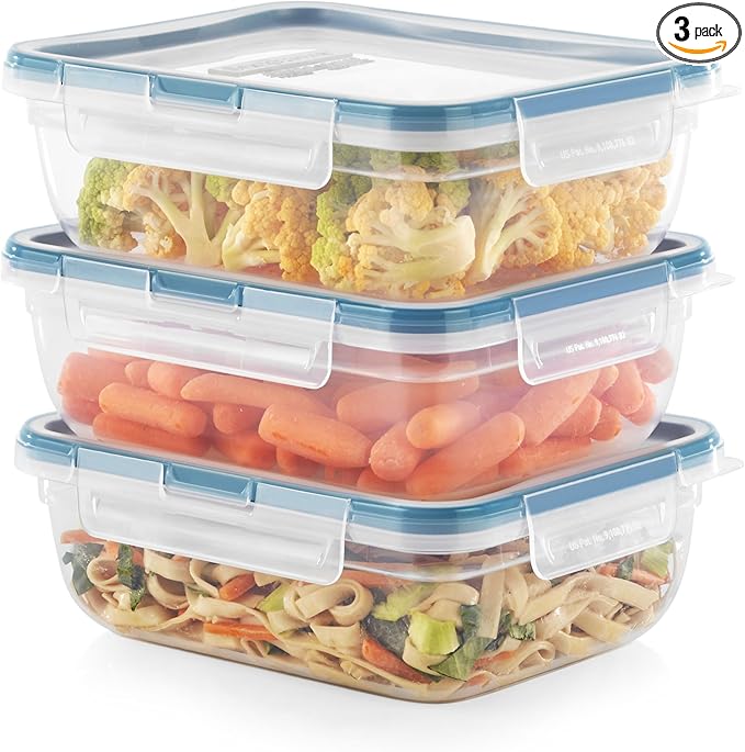Snapware Total Solution 3-Pack (8.5-Cup) Plastic Food Storage Containers Set, Leakproof & Airtight Locking Lids Rectangular Tupperware, Non-Toxic BPA-Free Lids, Microwave Dishwasher Freezer Safe
