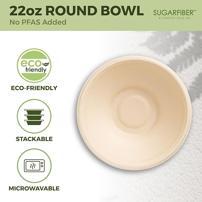 [1000 Count]Sugarfiber by Harvest 22oz Round Bowls PFAS Free with PLA coating - Compostable Heavy-Duty Eco-Friendly Disposable Bagasse Bowl Sugarcane made plant fibers for Meal Prep