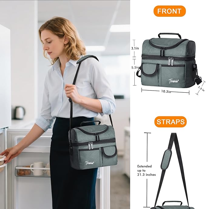 Tirrinia Reusable Lunch Box for Men Women, Insulated Lunch Bag Adult Work, Double Decker Leakproof Lunchbox for Office Picnic Beach—Dual Compartment Lunch Cooler Bag,Celadon
