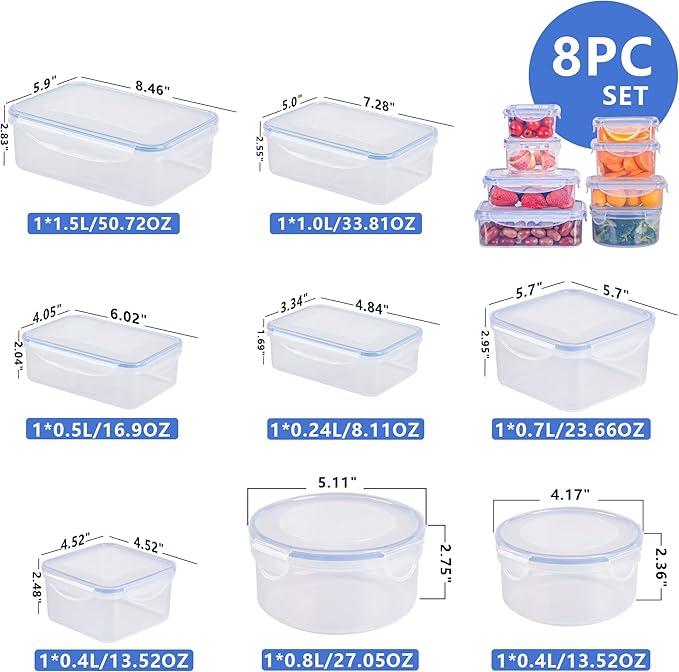 Tiastar Food Storage Containers Set of 8 PCS, Plastic Food Containers with Lids Airtight, 100% Leak-Proof, BPA Free, Microwave & Freezer and Dishwasher Safe, 0.24-1.5L