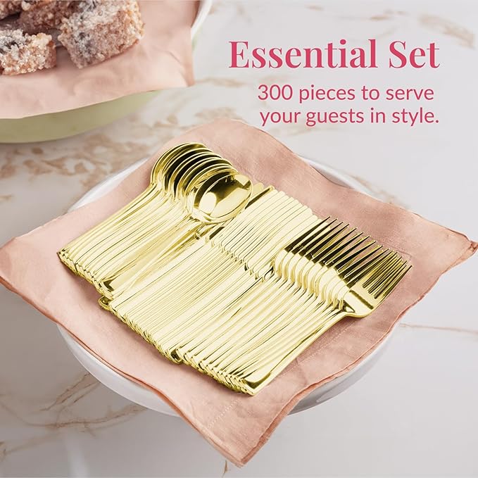 Prestee 300 ct Gold Plastic Silverware Set - Heavy Duty Disposable Cutlery - 100 Forks, 100 Spoons, 100 Knives - Elegant Gold Finish Utensils for Weddings, Parties, Holidays