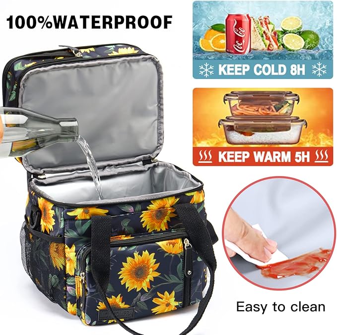 MOV COMPRA Lunch Bag for Women Men Double Deck Lunch Box,Expandable Large Lunch Bags,Leakproof Lunch Box Cooler Bag (Sunflower)