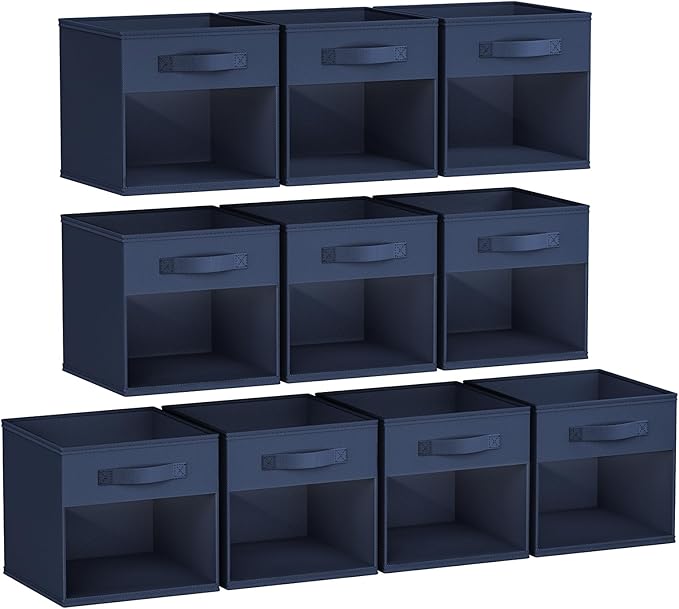 DIMJ Storage Cubes, Cube Storage Bin, 10 Pack Foldable Baskets with Window, Closet Storage Bins with Handle, 11x 11 inch Storage Cubes for Clothes, Toys, Books (Navy Blue)