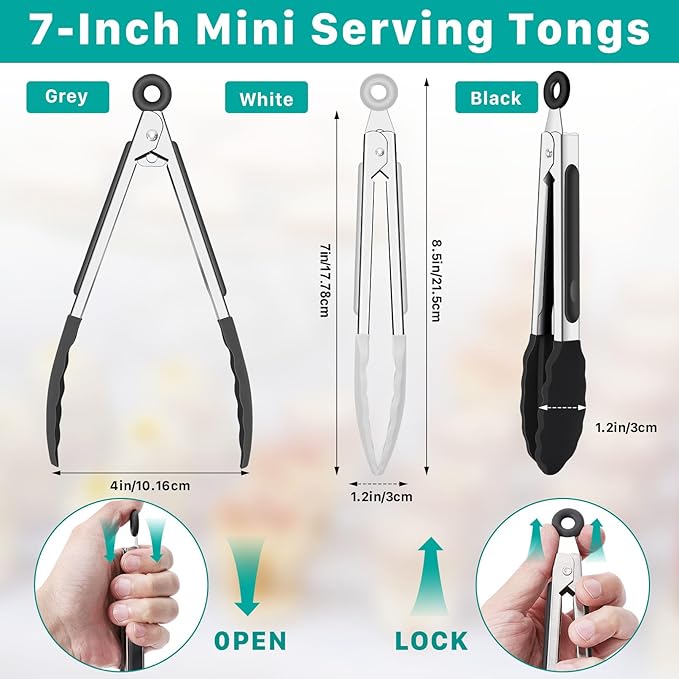 6 Pcs Small Silicone Tongs,7 Inch Mini Serving Tongs with Tips,Heat Resistant Cooking Tong,Stainless Steel Silicone Kitchen Tong for Salad Food Frying BBQ(Black,Gray,White)