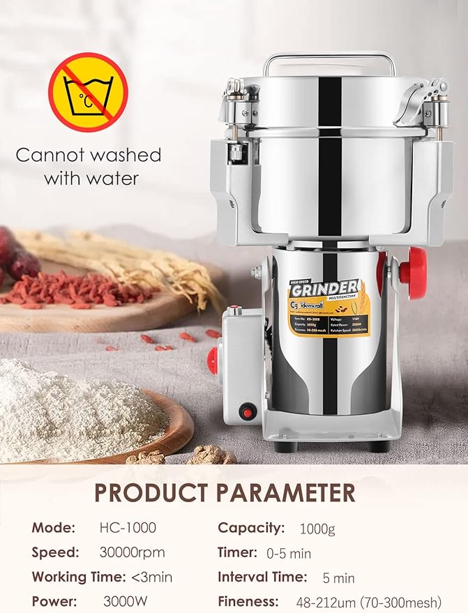 CGOLDENWALL 1000g Electric Grain Grinder Mill Safety Upgraded 3000W High-speed Spice Herb Grinder Commercial Superfine Machine Dry Cereals Pulverizer CE 110V (1000g Swing Type)