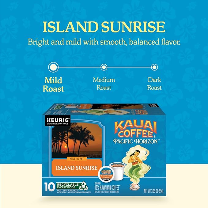 Kauai Coffee K-Cup Pods for Keurig Brewers – Arabica Coffee, 10% Hawaiian – Mild Roast, Light with Bright Aroma – Island Sunrise, 2 Pack of 10 Single Serve K-Cups