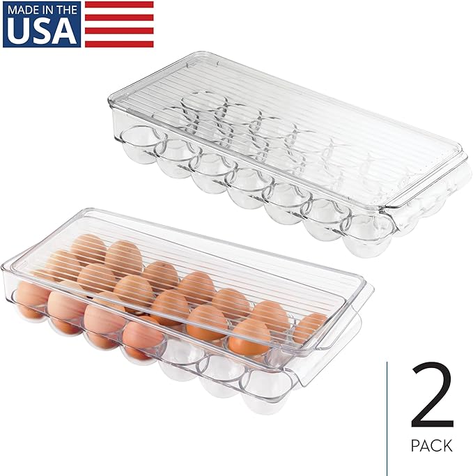 iDesign Clear Plastic Egg Holder for Fridge with Lid - 21 Egg Storage Container Organizer Bin, 2-Pack