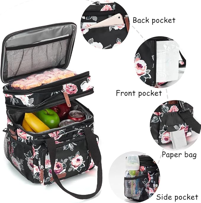 MOV COMPRA Lunch Bag Women Flower Insulated Lunch Box for Work, Expandable Large Lunch Bag, Leakproof Double Deck Lunch Box Cooler Bag with Removable Shoulder Strap（Flower）