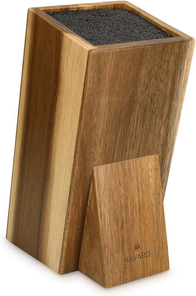 Navaris Universal Knife Block Holder - Acacia Wood Stand with Bristles to Fit Different Sizes of Knives - Angled Design, 9.8" x 5.9" x 4.1’"