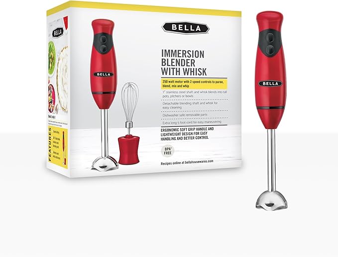 BELLA 2-Speed Hand Immersion Blender with Whisk Attachment, 250 Watt, Red, Immersion Blender with Dishwasher Safe Whisk & Blending Attachments for Food Prep (14460)