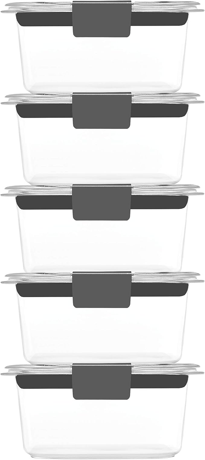 Rubbermaid Brilliance BPA-Free Food Storage Containers Multi Pack, 1.3 Cup Plastic Containers with Lids, 5 Pack, Leak Proof, Microwave & Dishwasher Safe