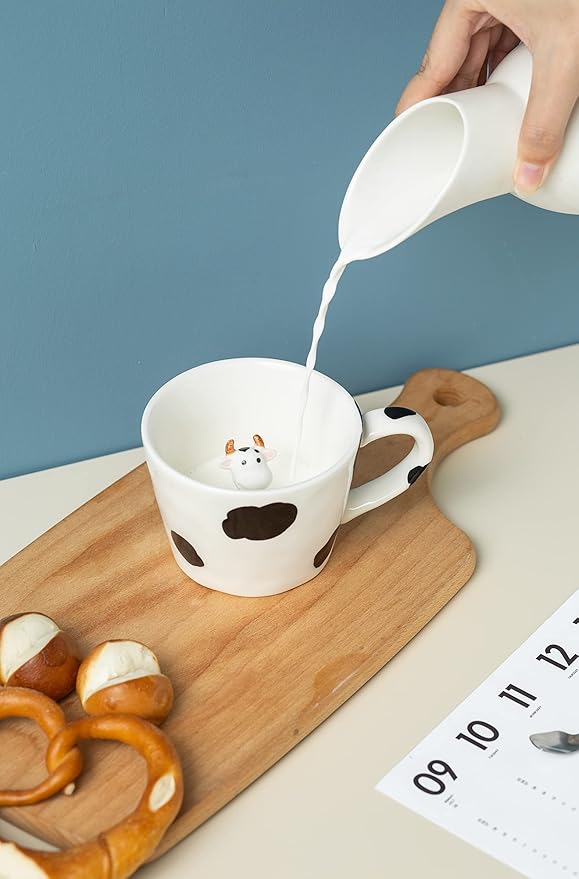 DIHOclub Cow Ceramic Cup Hidden 3D Animal Inside Mug,Cute Cartoon Handmade Figurine Mugs,Holiday and Birthday Gift for Coffee Milk Tea Lovers,12 OZ(White,Black)