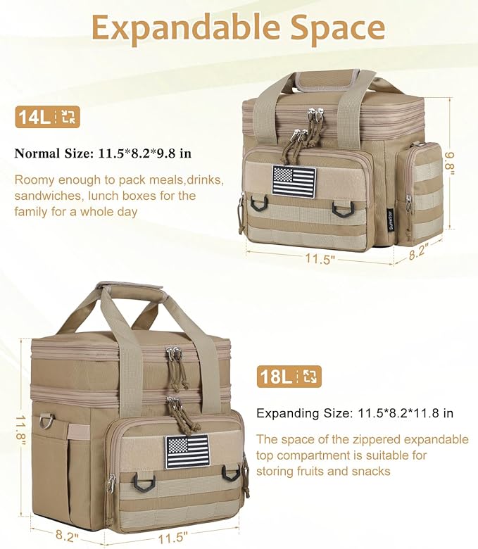 Tactical Lunch Box for Men, Expandable Large Insulated Lunch Bag for Adult, Heavy Duty Double Deck Lunch Cooler Bag Leakproof Waterproof Lunch Tote for Work Office Travel- Sandy