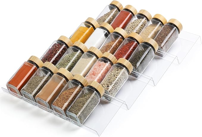 Spice Drawer Organizer 4 Tier, Acrylic Seasoning Organizer Rack, Clear Spice Rack Tray, Kitchen Seasoning Jars Drawers Insert (Jars Not Included/Expandable From 9" to 18")