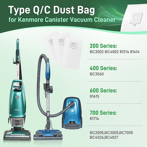 12 Pack Type Q/C 53292 Canister Vacuum Bags Replacement Dust Bags for Kenmore 200 400 600 700 800 Series,5055, 50557, 50558, 53291, 21814, 81214,BC3005, BC7005 Series Bagged Vacuums Cleaner
