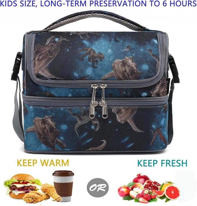 FlowFly Double Decker Cooler Insulated Lunch Bag Large Tote for Boys, Girls, Men, Women, With Adjustable Strap, MyDinosaur