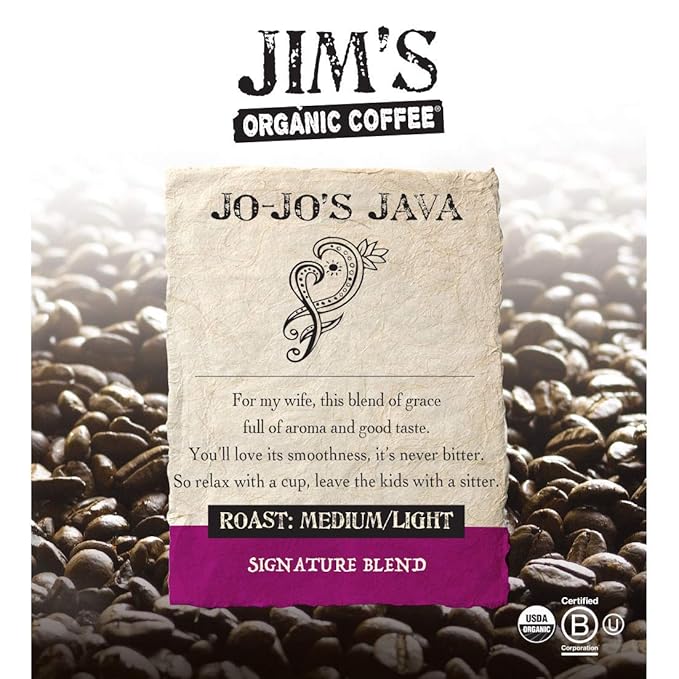 Jim’s Organic Coffee – Jo-Jo's Java Blend: Ground Coffee – Medium/Light Roast 12oz Bag– Certified Organic, Regeneratively Grown, Ethically Sourced, Shade Grown Coffee