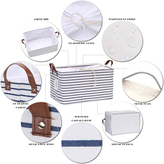 Hinwo 31L Large Storage Bins, 2-Pack Closet Organizers and Storage, Foldable Clothes Storage Baskets with Handles, Containers for Clothing, Blanket, Towels, Toys, Bedding (Navy Stripe)
