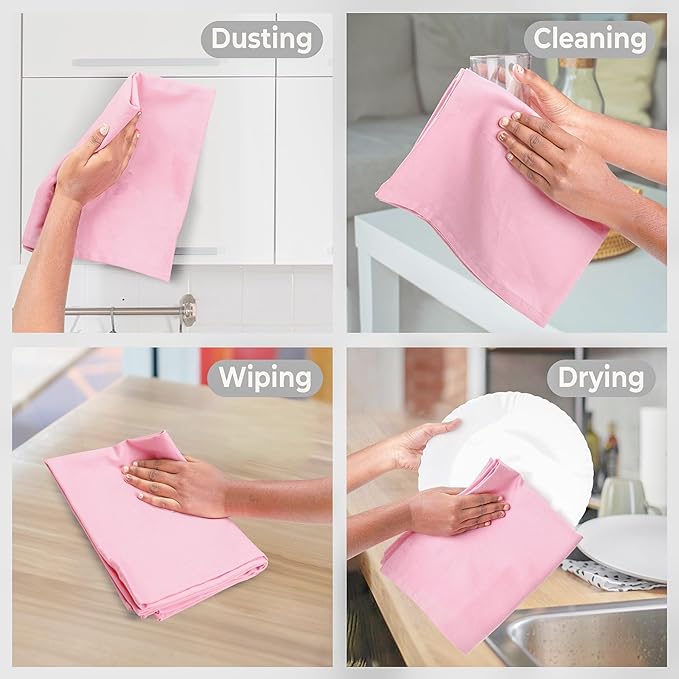 Urban Villa Baby Pink 100% Cotton Highly Absorbent Dish Towels for Kitchen 20X30 Inches(Set of 6) Multi-Purpose Solid Dish Cloths with Hanging Loop for Cleaning Dinnerware Glass Hand Towels