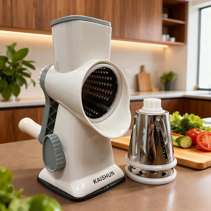 Kaishun Cheese Grater Rotary Cheese Grater Vegetable Chopper Sredder Madonline Stainless Steel with Vacuum Suction Base Multi Functional Kitchen Tool Perfect for Easy Shredding (WhiteCyan)