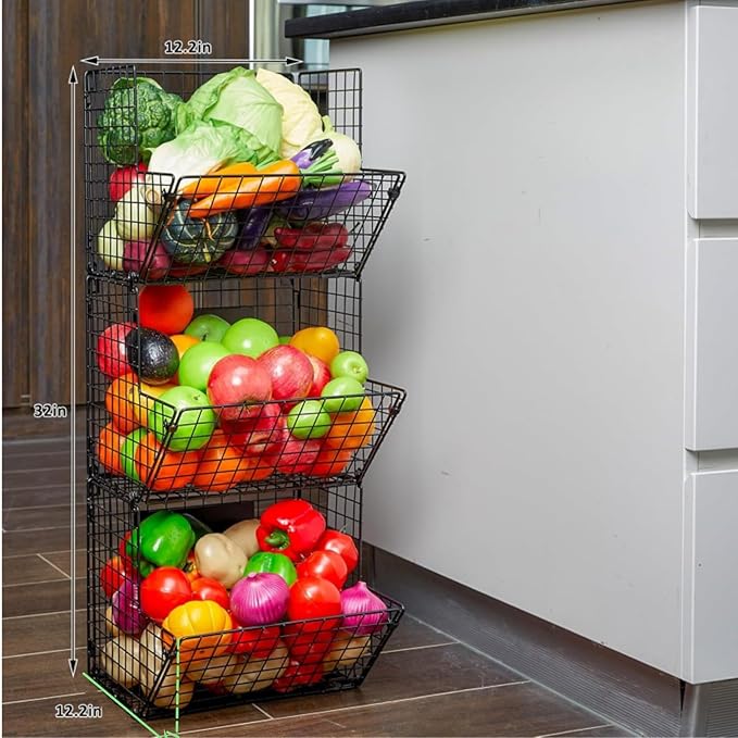 X-cosrack Metal Wire Basket Wall Mount, 3 Tier Wall Storage Basket Organizer with Hanging Hooks Chalkboards, Rustic Kitchen Fruit Produce Bin Rack Bathroom Tower Baskets (Black)