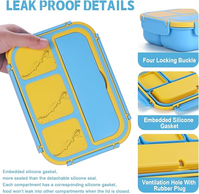 Bento Box for Kids Girls Boys, Bento Box Adult Lunch Box with 4 Compartments, Lunch Containers with Utensils, Sauce Jar, Muffin Liners for School, 40 Oz/5 Cup, Blue
